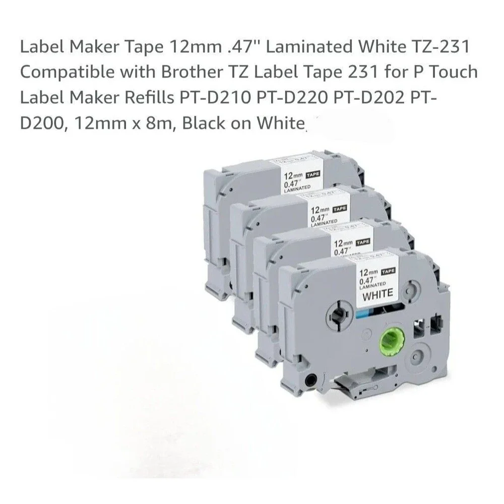 TZc-231 4 PK for Brother P-Touch 12mm Label Maker Tape Black on White 1/2